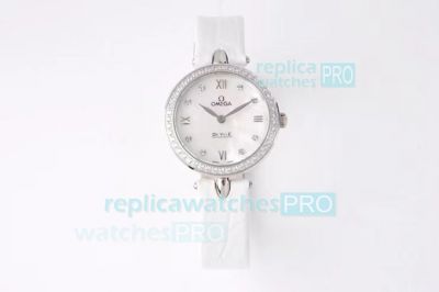 Swiss Replica Omega De Ville SS White MOP Dial Diamond Bezel Watch